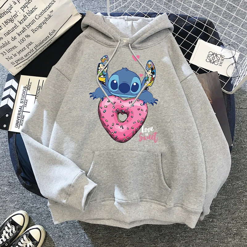 Streetwear Cartoon Winter Disney Stitch Hoodies Women Harajuku Cute Anime Sweatshirt Manga Streetwear Hoody Female Unisex