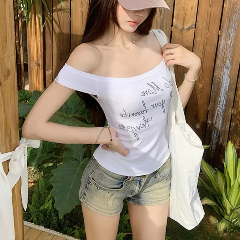 

Comfortable Ins Off Shoulder Crop Top Sweet Slim Fit Rhinestone T-shirt Female Clothing Bottoming Shirt Women Beachwear