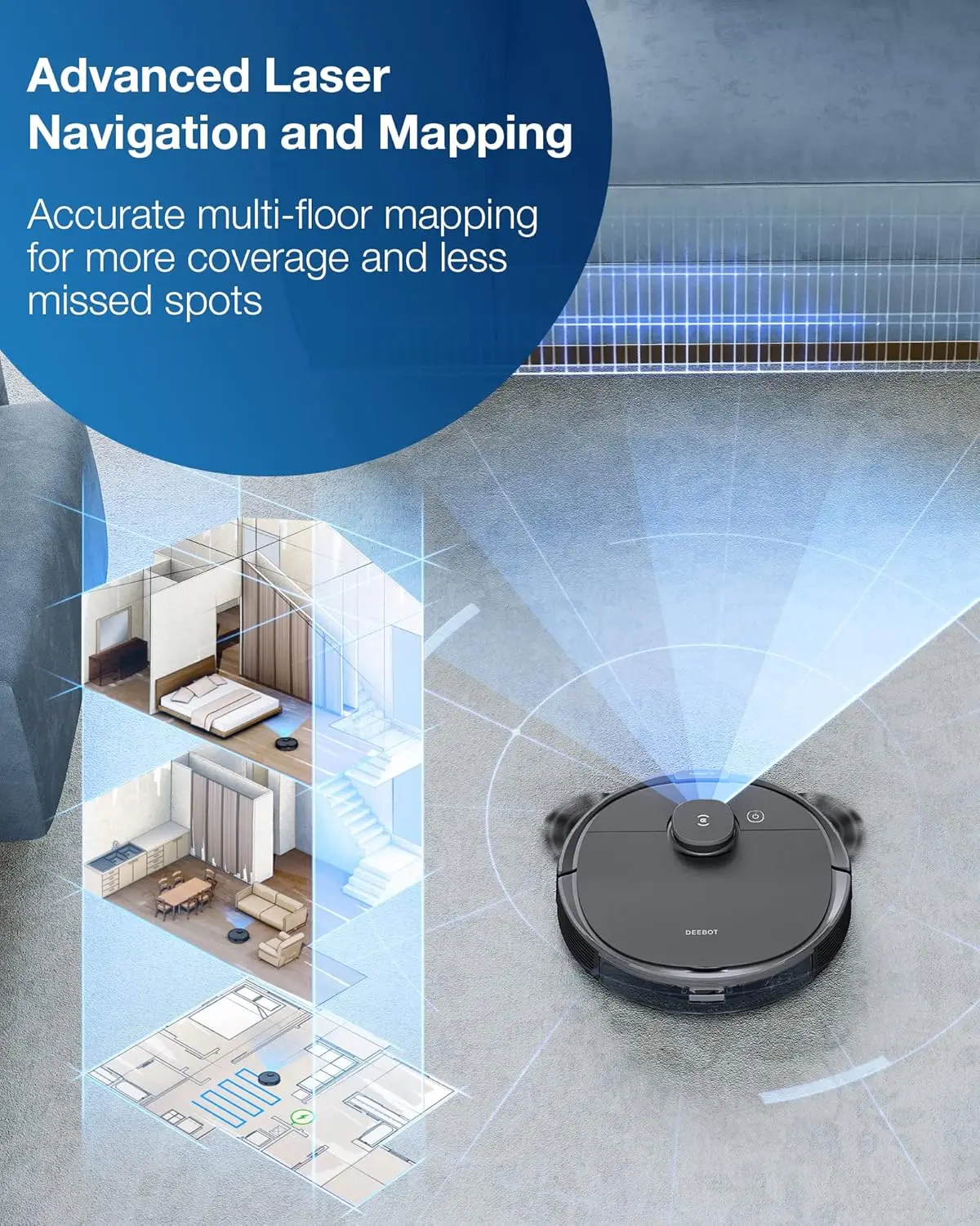 Deebot T8 Robot Vacuum and Mop Cleaner, Precise Laser Navigation, Multi-floor Mapping, Intelligent Object Avoidance, Ful