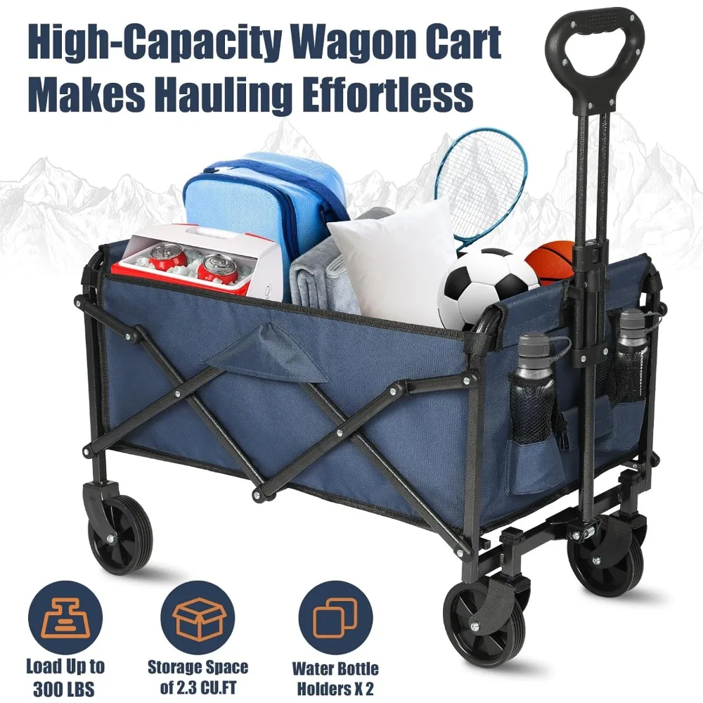 Foldable Wagon Cart with Wheels Collapsible - 300 LBS Large-Capacity Heavy Duty Folding Utility Cart for Garden Lounge Sports