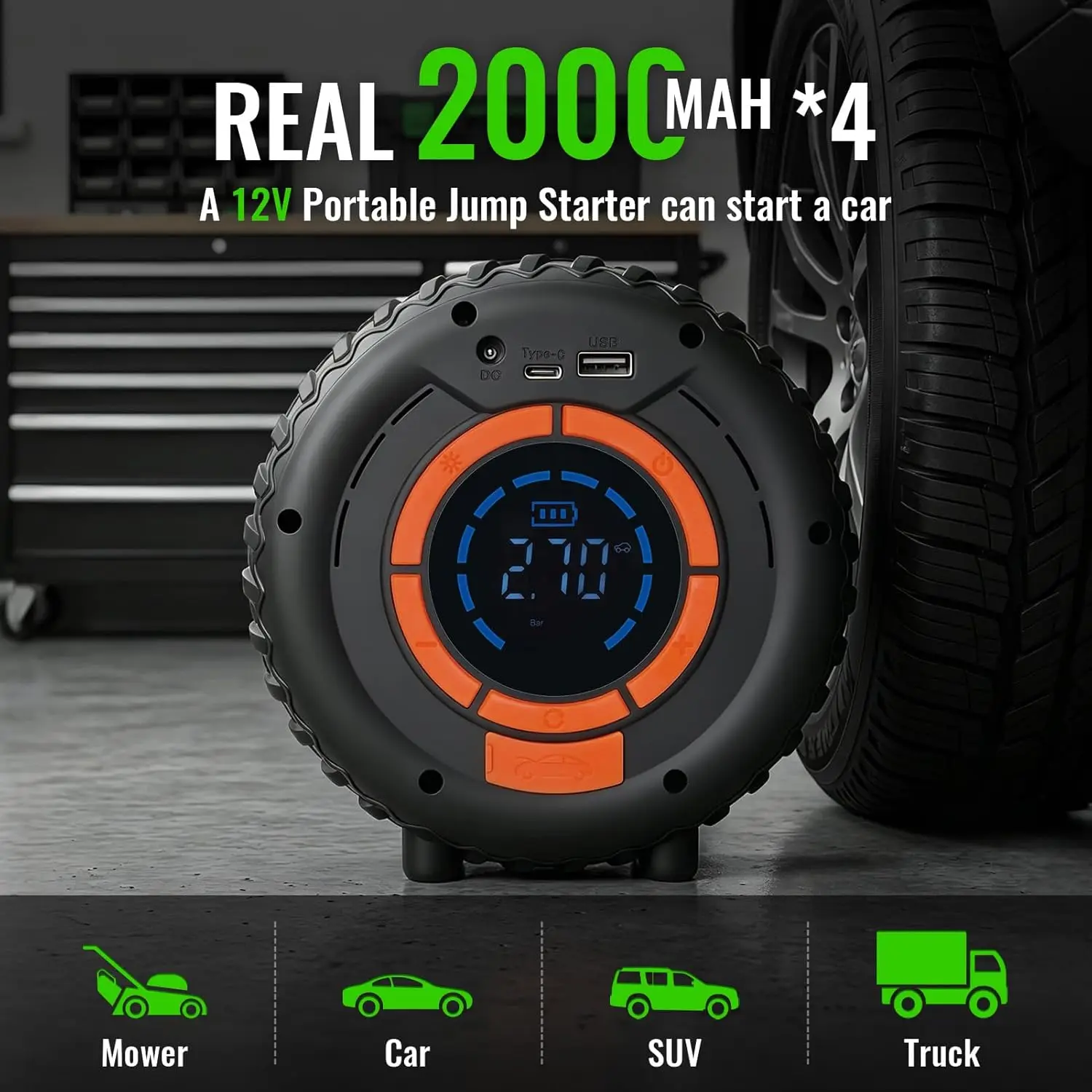 150PSI Car Air Pump Mini Portable Auto Air Compressor Tire Inflator Car Jump Starter Fast Charging Power Bank with LED Light