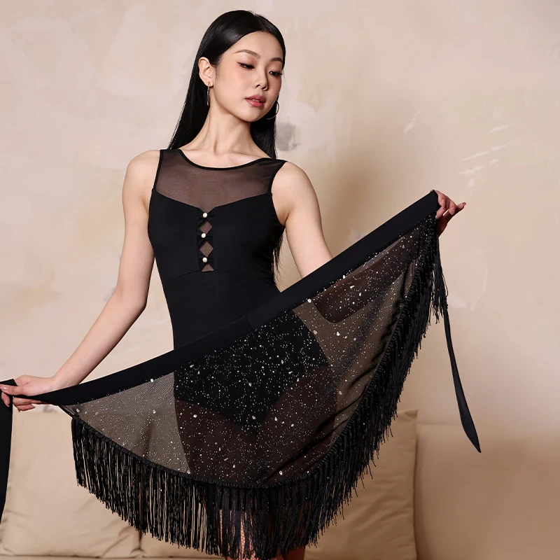 

2026 Sequin Net Latin Dance Skirt Women Fringe Skirt Hip Scarf Adult Rumba Samba Salsa Dance Practice Performance Clothes L15949