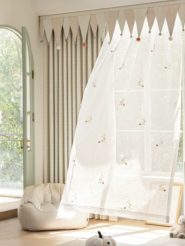French Millard Chenille Jacquard Kids Room Childrens Curtains for Living Dining Room Bedroom Cute Window Drapes White Tulle Door