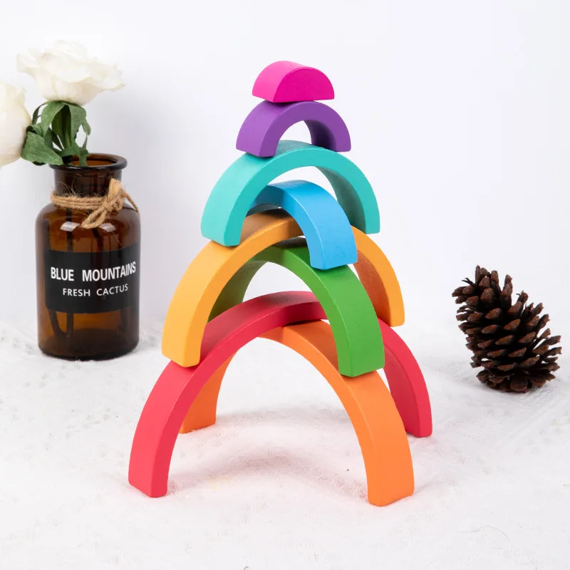 Montessori Wooden Rainbow Stacking Game,Eight Layers Square/Arch Colorful Stacker,Color Recognition Building Blocks Toys