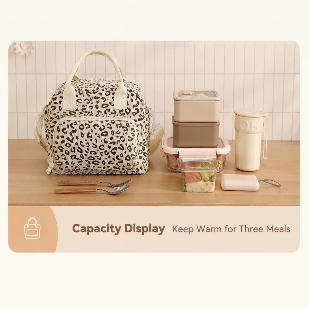 High Quality Corduroy Lunch Bag Thermal Insulation Floral Storage Handbag Leopard Print Portable Lunch Box Outdoor Travel