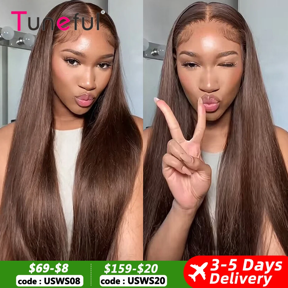 Premium Chocolate Brown Colored 13x4 HD Lace Front Human Hair Wigs Raw Indian Straight Human Hair Wigs HD Lace Frontal Wigs