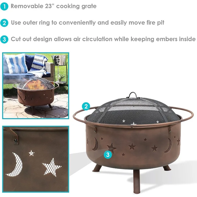 Sunnydaze Cosmic 30-Inch Fire Pit with Cooking BBQ Grill Grate, Spark Screen, and Fireplace Poker - Celestial Design