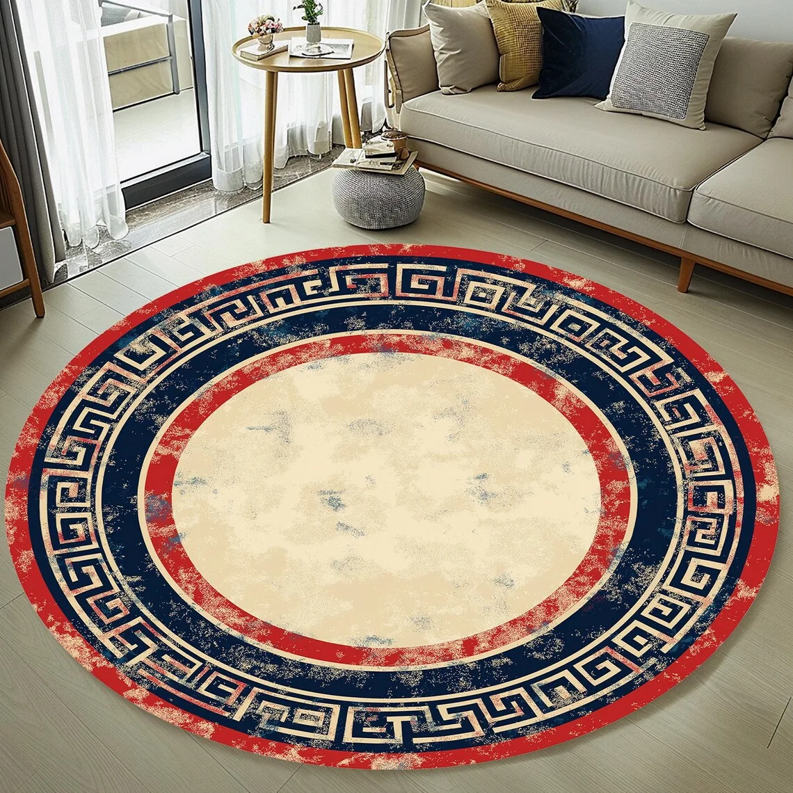 

Greek Key Vintage Bohemian Round Rug Living Room Bedroom Rocking Chair Floor Mat Home Decor Gift