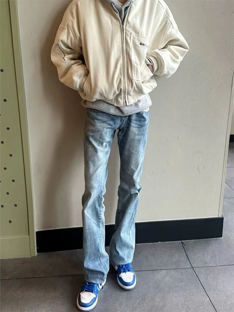 

American Washed Blue Men's High Street Straight Leg Jeans Slimming Micro Flared Pants Youthful Trendy Wear Resistant Straight...