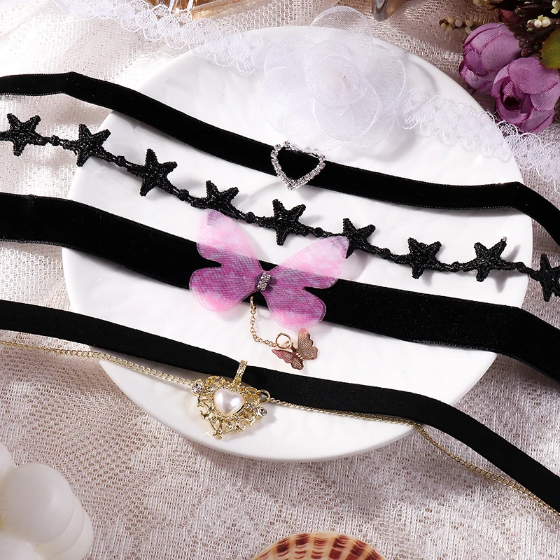 Hot Selling Cute Girl Black Velvet Lace Butterfly Flower Choker Necklace Sexy Loli JK Skirt Student Clavicle Neck Chain Jewelry