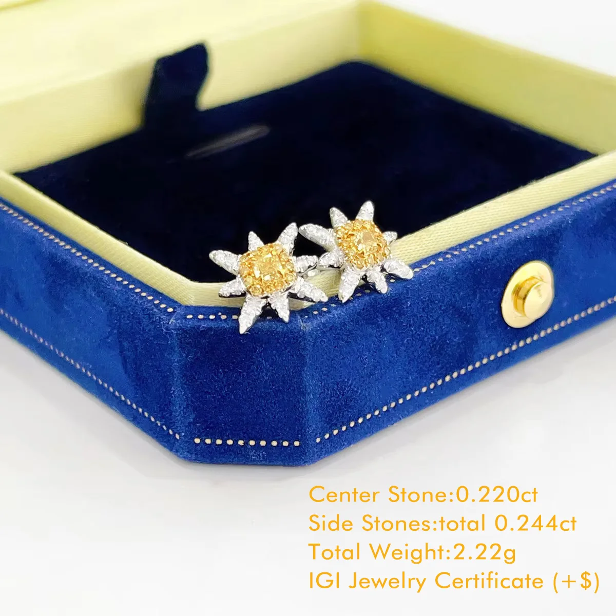 Luxury Yellow Cushion Lab Grown Diamond Earrings18K White Gold Women's Earrings High Quality Jewelry