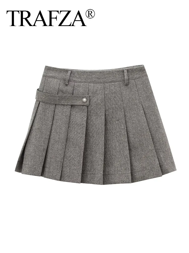 

TRAFZA Women's Fashion Versatile Series Wool Blended Wide Pleated Skirt Female Elegant High Waist Sexy Zipper Pleated Mini Skirt