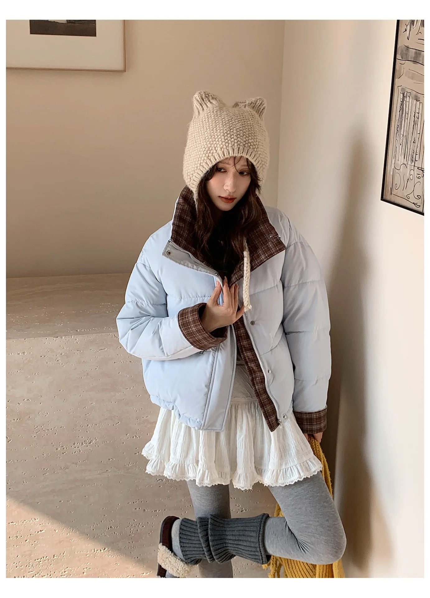 American Plaid Patchwork Puffer Jacket Women Winter Thick Stand Collar Short Parkas Woman Korean Casual Preppy Style Outerwear