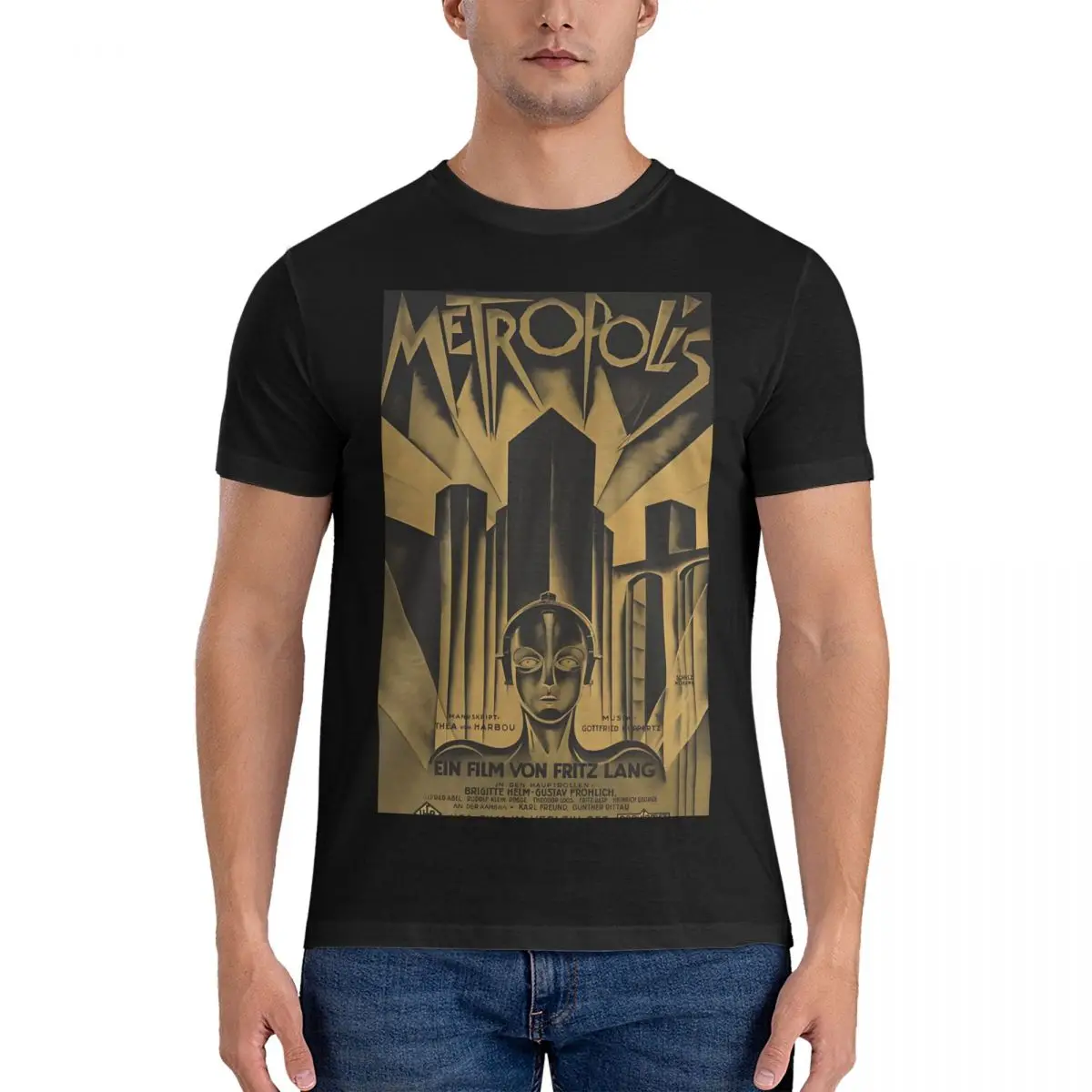 Men's T-Shirt Fritz Lang, 1926 - Movie Poster, B&W Cool Pure Cotton Tee Shirt Short Sleeve Metropolis T Shirt Round Collar