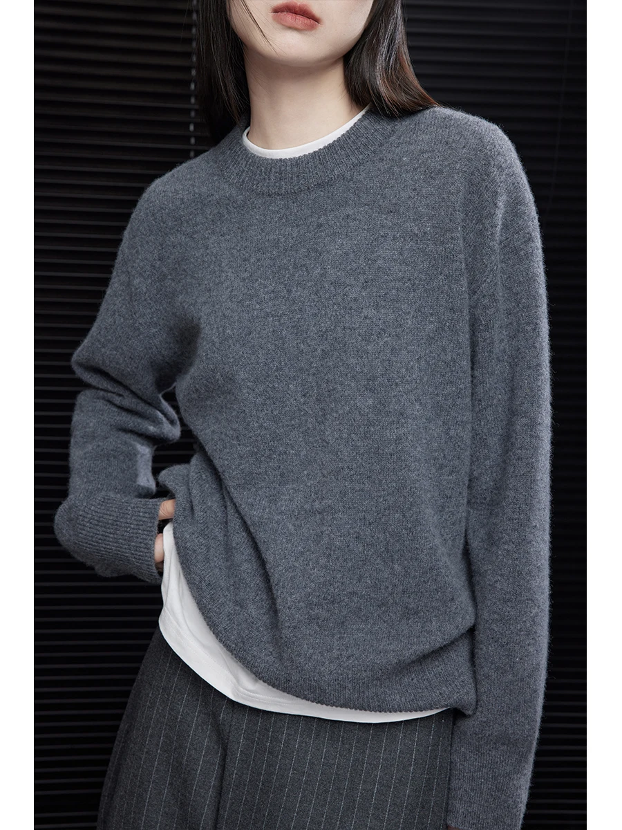 

ey round Ne Full Wool Knitted Sweater Women's Loose Lazy Sle Color Blo Winter New Arrival Street Faion Long Sve