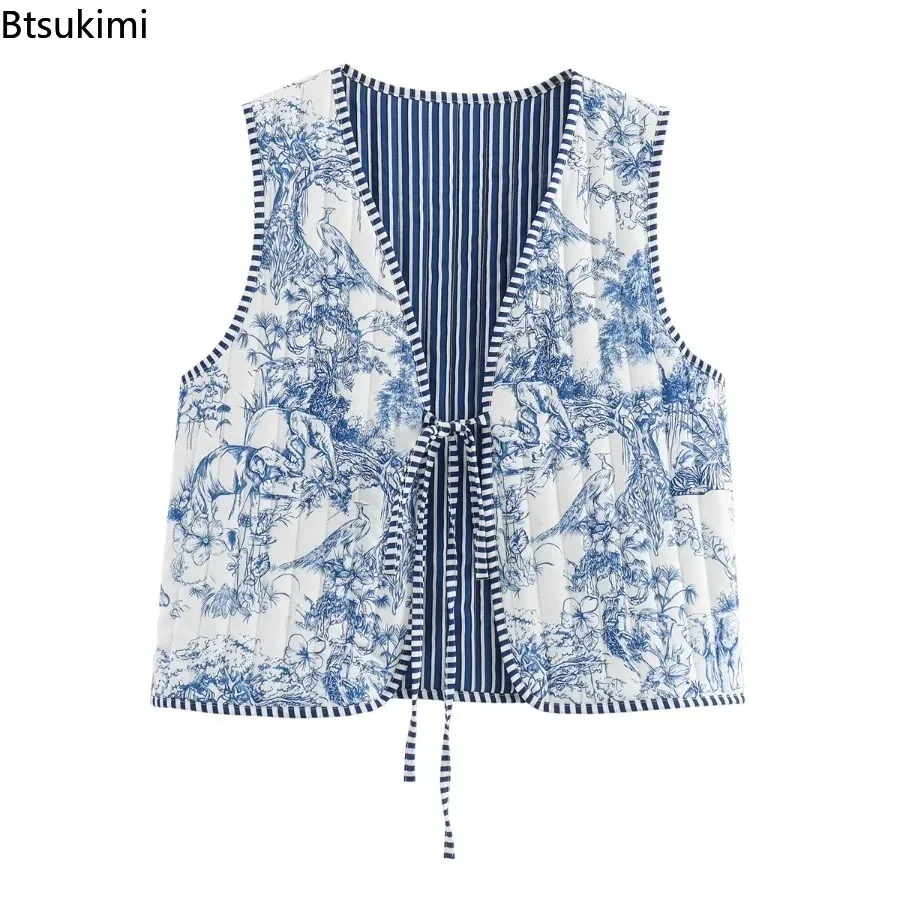 2025 Autumn Winter Women National Style Sleeveless Patchwork Floral Print Quilted Vest Jacket Fashion Ladies Lace Up WaistCoat