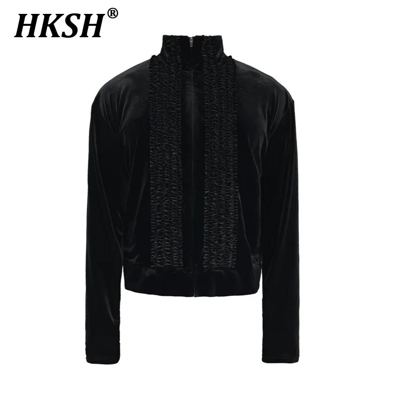 HKSH Spring Autumn New Men's Tide Velvet Coat Court Drawn Fold Combination Elegant Versatile Dark Jacket Fashion Chic Top HK3310