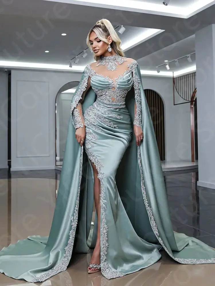 Exquisite Light Blue Evening Dresses 2024 with Cape Prom Gowns Mermaid High Neck Side Split Wedding Party Dresses Long Sleeves