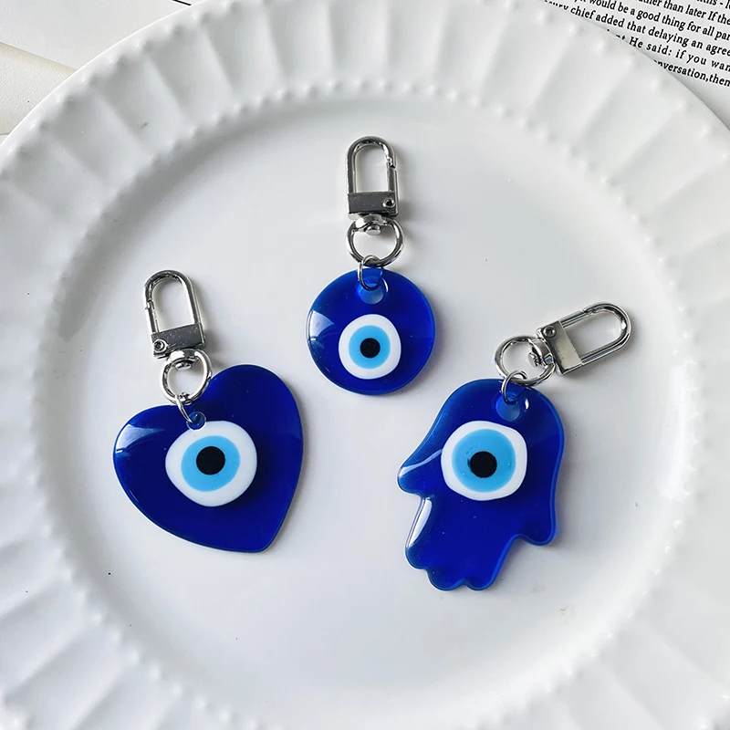 Resin Round Blue Eye Hamsa Hand Keychains Key Ring Simple Love Heart Turkish Evil Eye Fatima Hand Bag Box Car Holder Jewelry