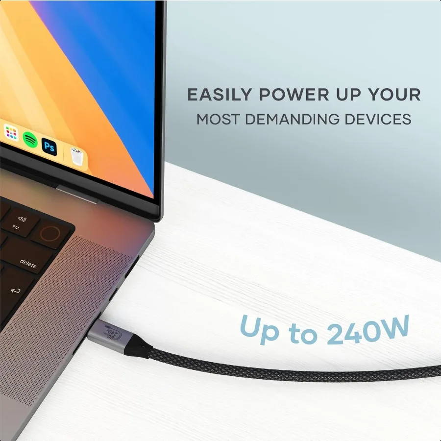 كابل USB4 V2 Pro كابل USB C بطول 1.2 متر 3.9 قدم حتى 120 جيجابت في الثانية نقل البيانات 240 وات توصيل الطاقة شاشة 8K Thunderbolt 5 4 3 متوافق