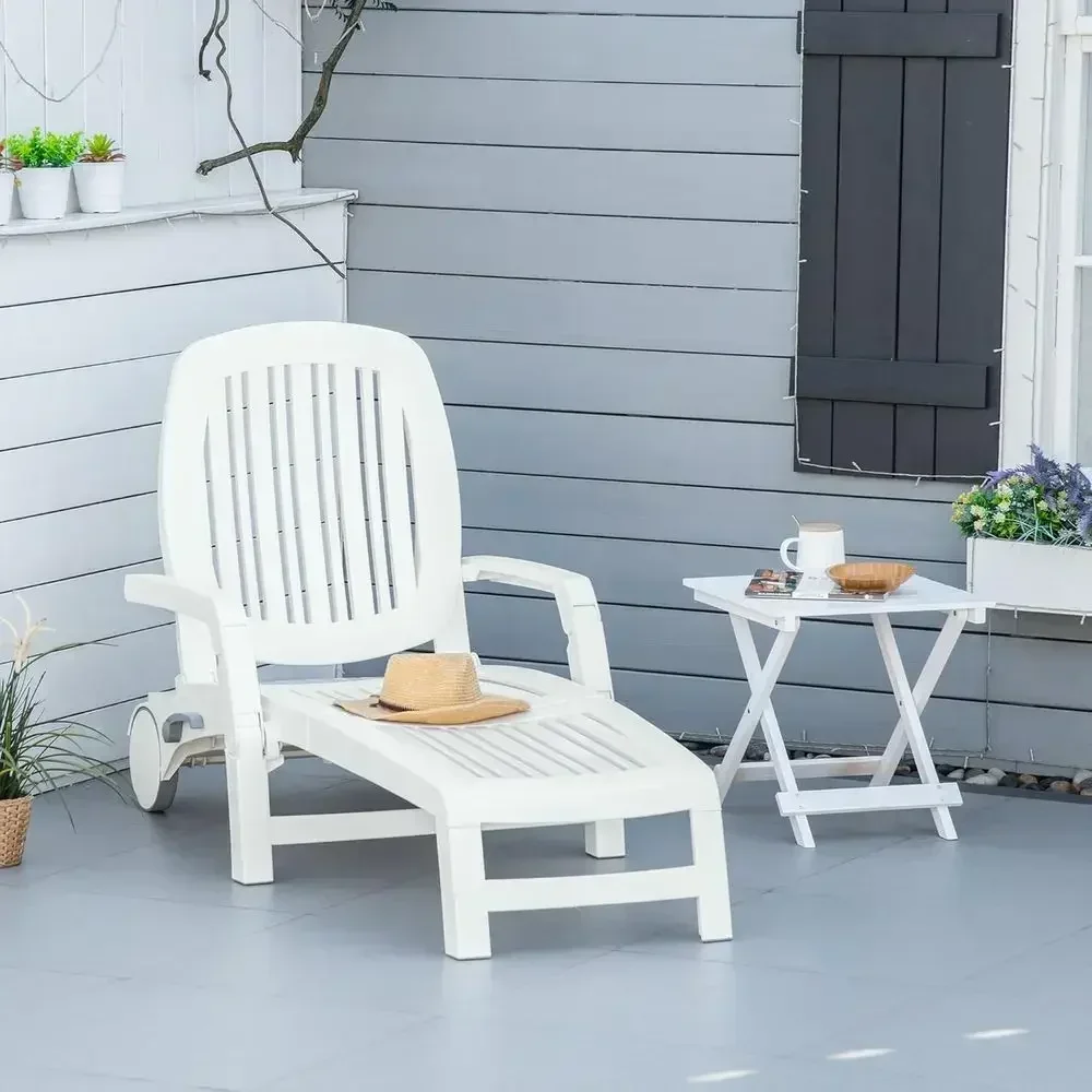 Portable Wheeled Storage Chair with Adjustable Backrest for Pool, Beach, and Garden in White