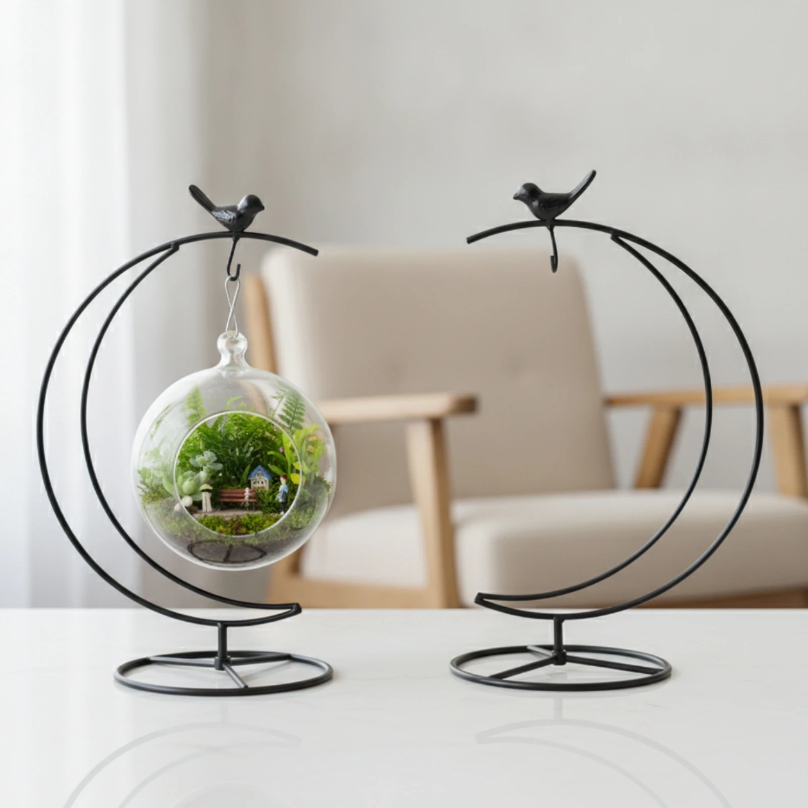 Hanging Planter Stand with Crescent-Moon Frame Decorative Tabletop Hanging Stand with Bird Ornament Air Plant Holder Curved