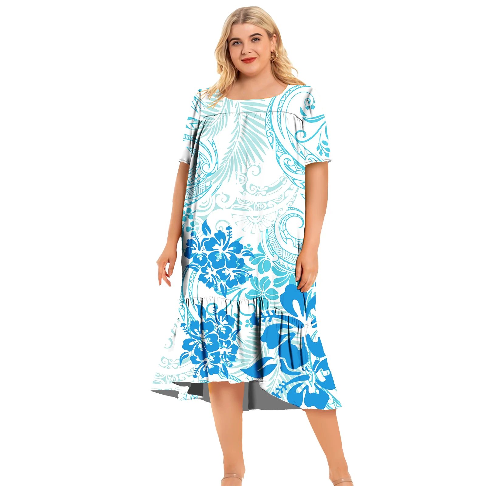 

Puletasi Island Short Sleeve Dress Samoan Puletasi Maxi Mumu Dress Ladies Hibiscus Plus Size Women's Clothing