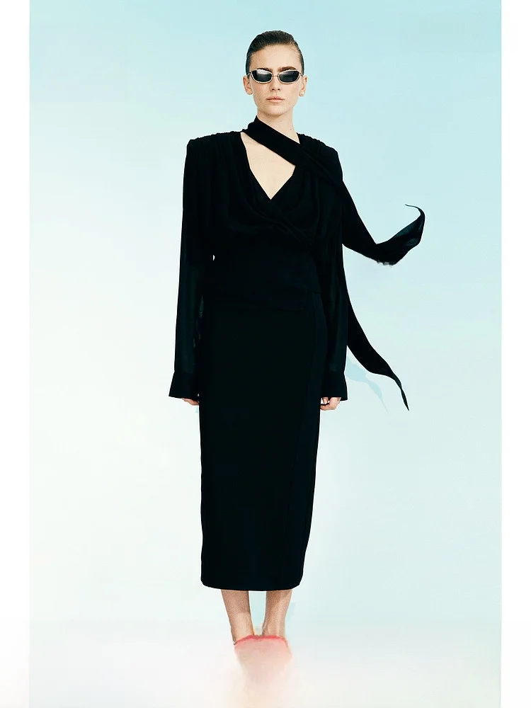 

Ele Chiffon irt Women's Faion Spring Draped Hemline Long Sve Classic Sle by H&M Studio 27090 Polyester 00%