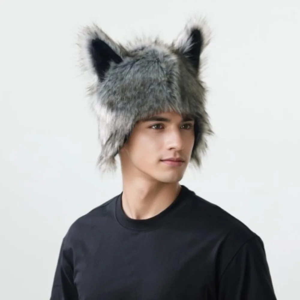 Grey Wolf Paw Cosplay Set Fluffy Texture Animal Werewolf Paw Mitten Faux Fur Hairy Wolf Hat with Ears Stage Performance