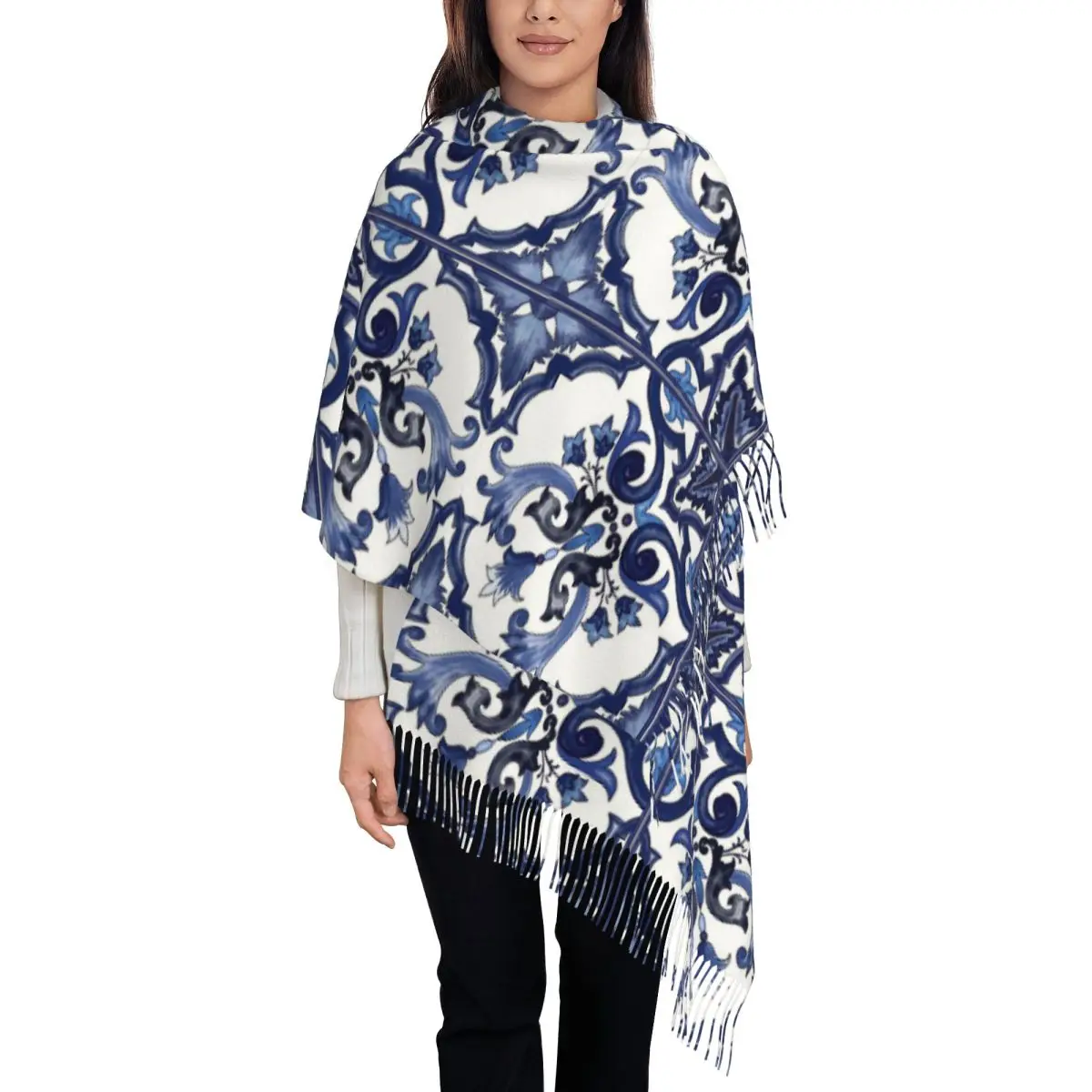 Blue Ornate Floral Mediterranean Sicilian Tile Scarf Tassel Scarves Women Warm Shawls and Wraps Large Fall Winter Shawl Wrap