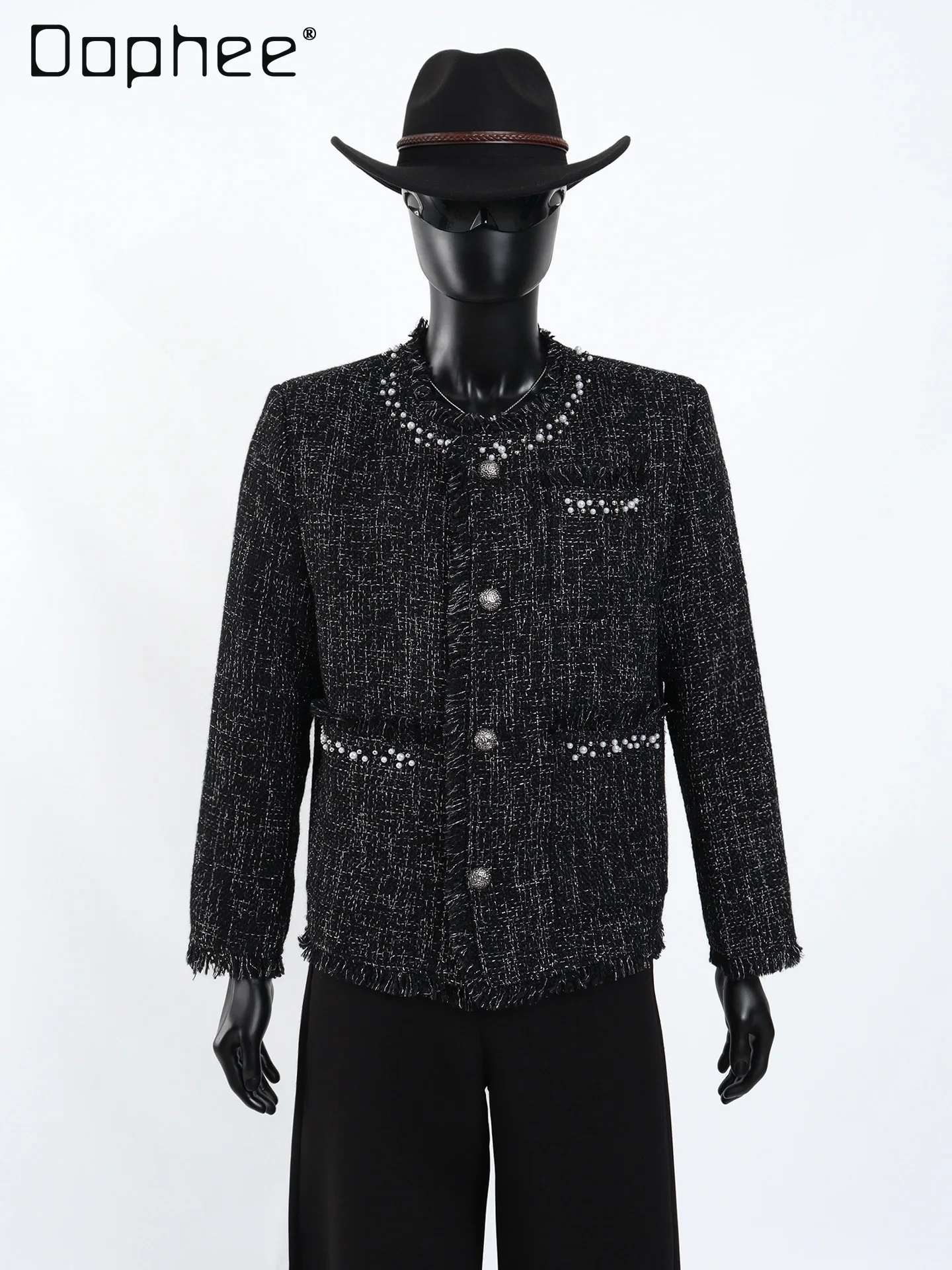 Deconstructed Woven Elegant Tweed Jacket for Men High-End Luxury Beaded Round Neck Single-Breasted Long Sleeve Loose Trendy Top