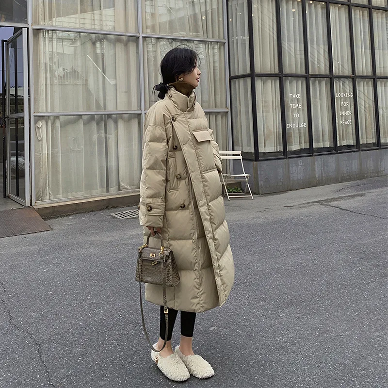 Colletto alla coreana cappotti antivento bottoni invernali da donna tasche grandi Parka lungo giacca in cotone più caldo addensato piumino coreano