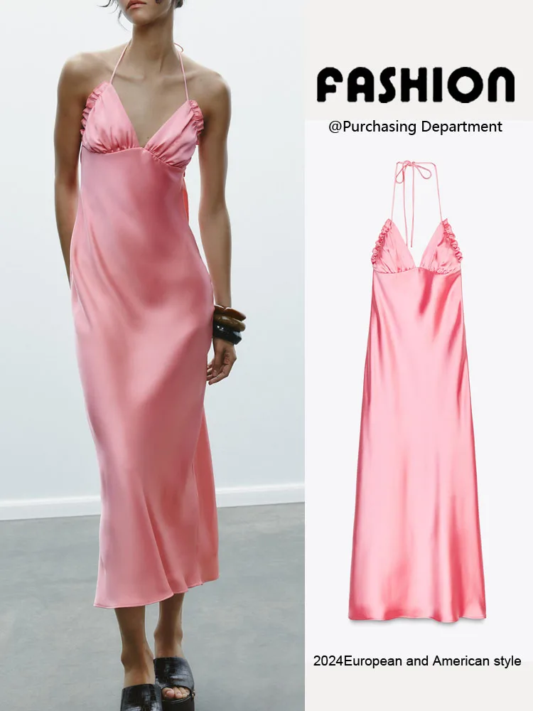 Ele Satin Feel Svel Neline Dr Neues Frühjahr 2025, langes Damenkleid mit hoher Taille, V-Ne-Farbe, lässig, Dr