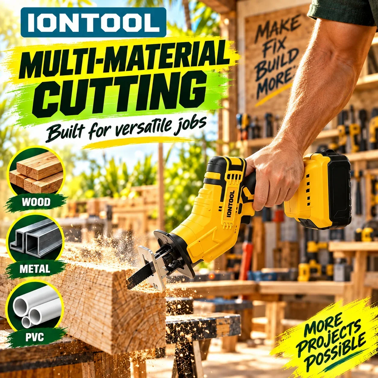 IONTOOL Yellow Cordless Reciprocating Saw 3000rpm For Metal Pipe Cutting and Steel Cutting and Rebar Cutting and Bolt Removal