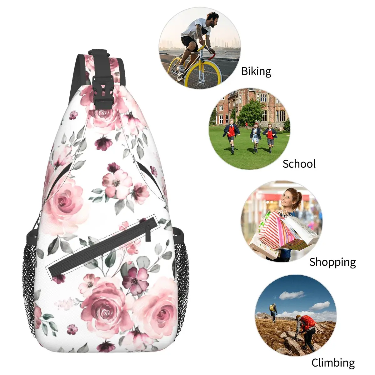 Sac à Dos à Motif Vintage avec Fleurs Roses Interconnexion, Petits Sacs à Bandoulière, Poitrine, Initié, Sports de Plein Air