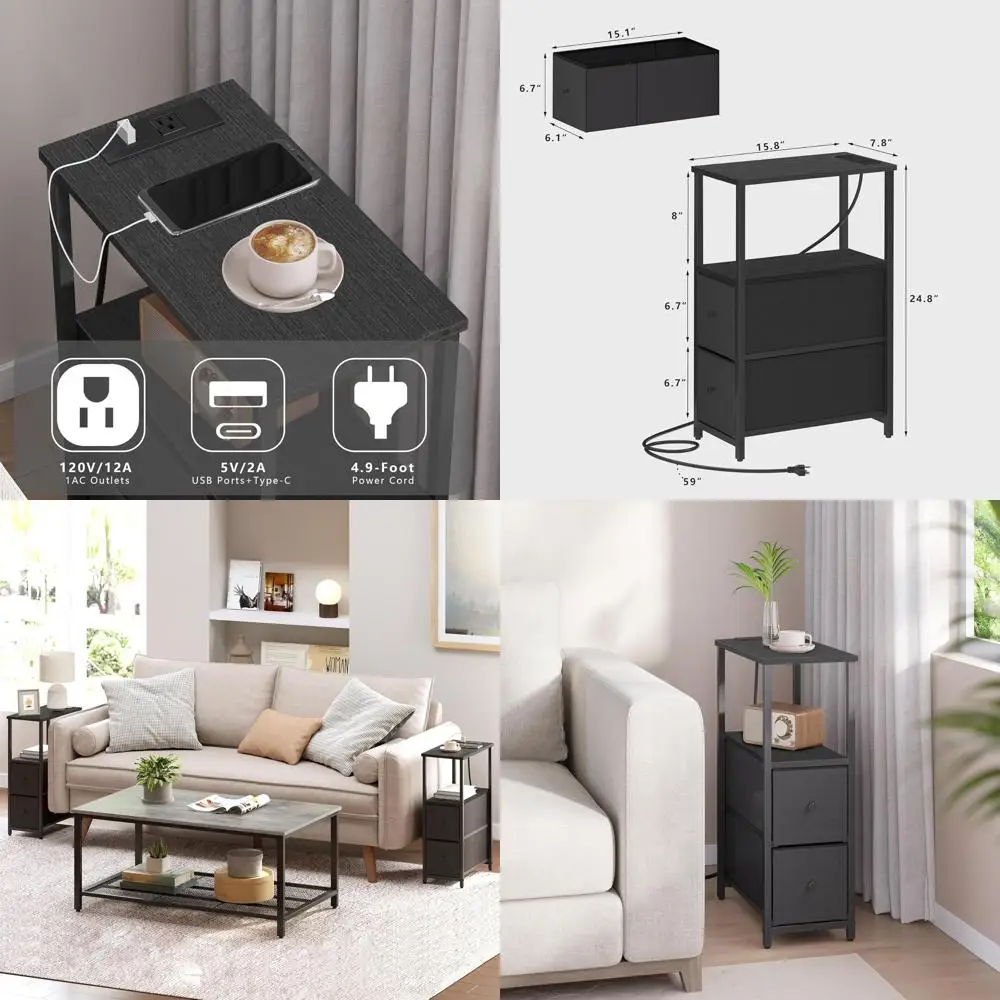 

Pair of Compact End Tables with Charging Ports, 2 Drawer Nightstands, Living/Bedroom Side Tables, Black TB01BK055
