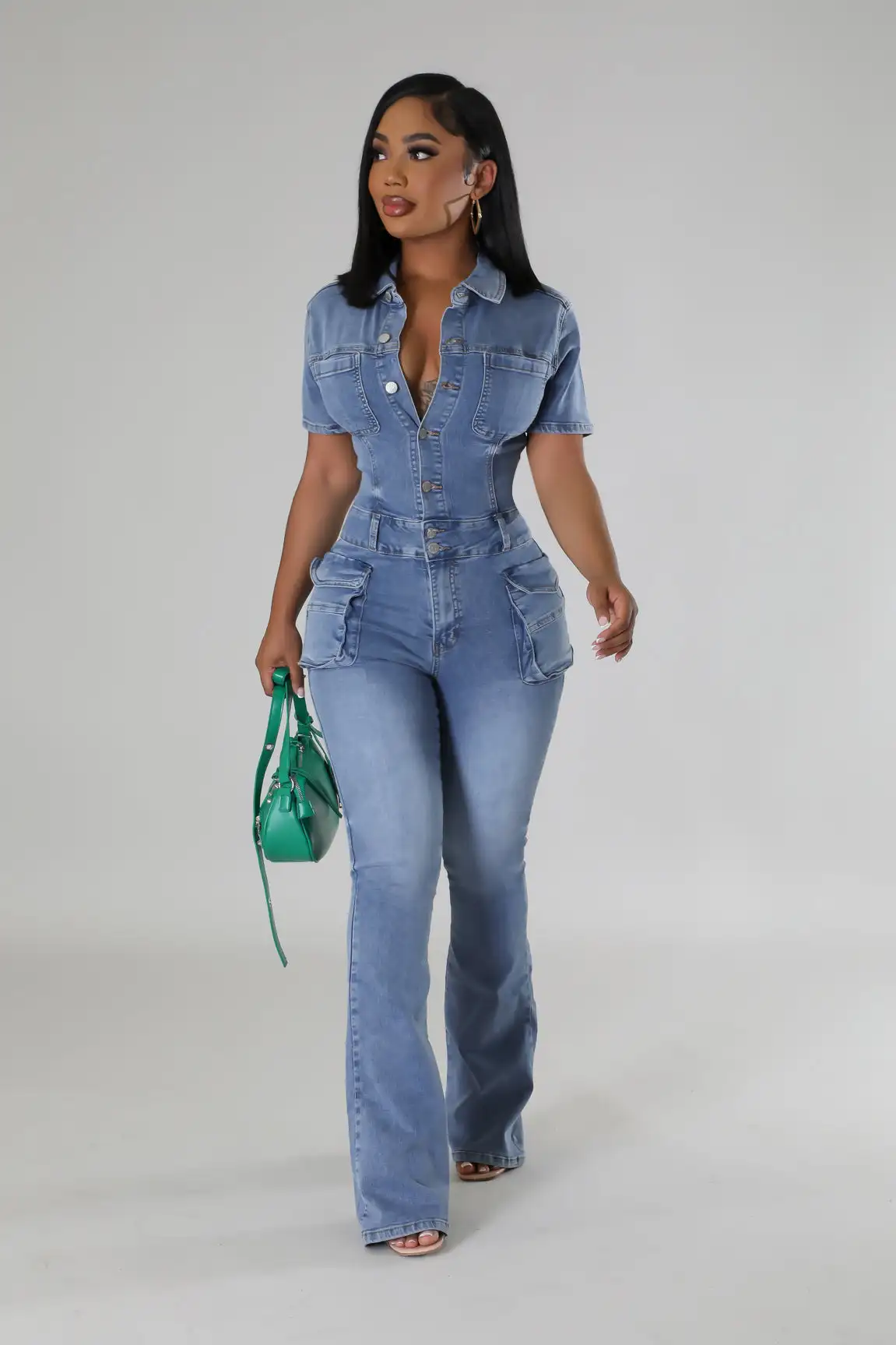 Multi Pockets Wide Leg Jeans Jumpsuit Sexy Women Turn Down Collar Elegant Denim Casual Romper Overalls