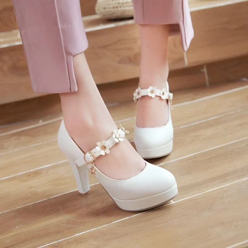 Spring Autumn New style fashion Round head high-heeled Women\'s shoes Shallow mouth Buckle Sweet flower Coarse root Women shoes