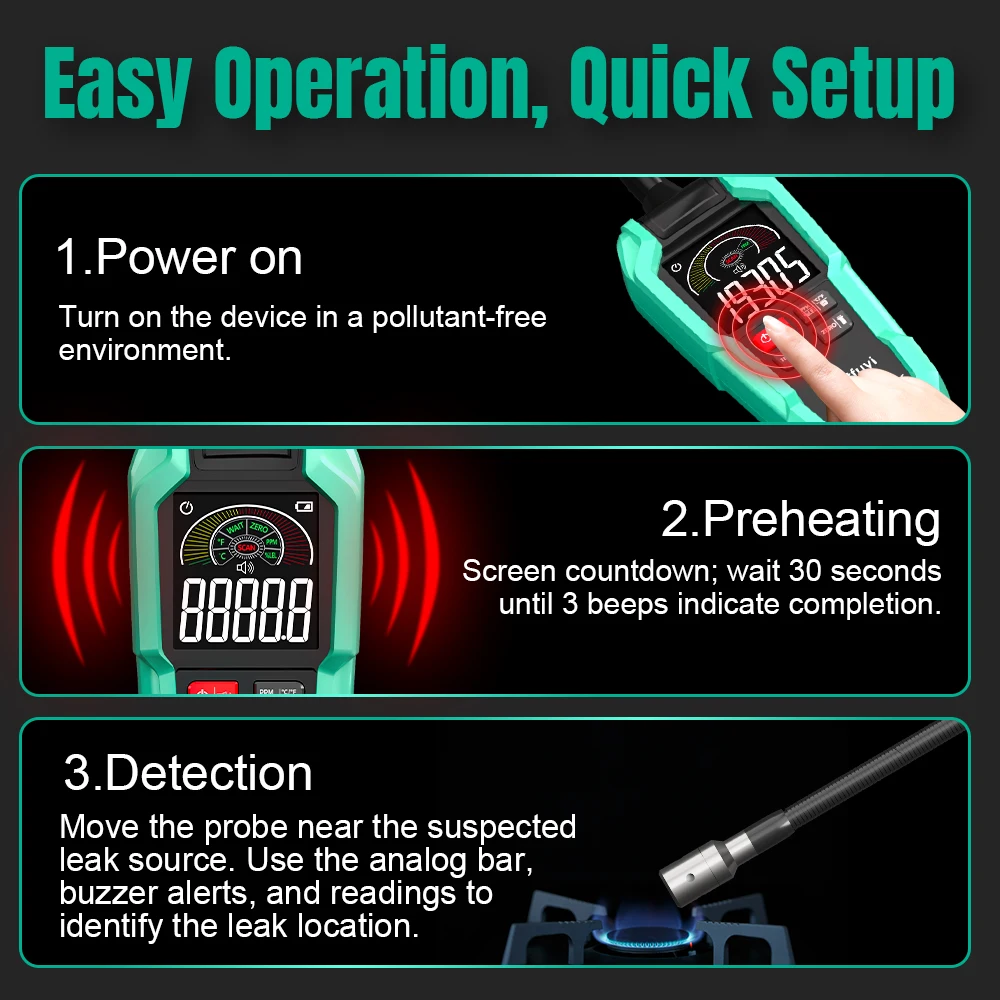 MASTFUYI Detektor Kebocoran Gas Portabel Metana Gas Alam Propana LPG Penguji Gas Mudah Terbakar dengan Layar LCD untuk Rumah