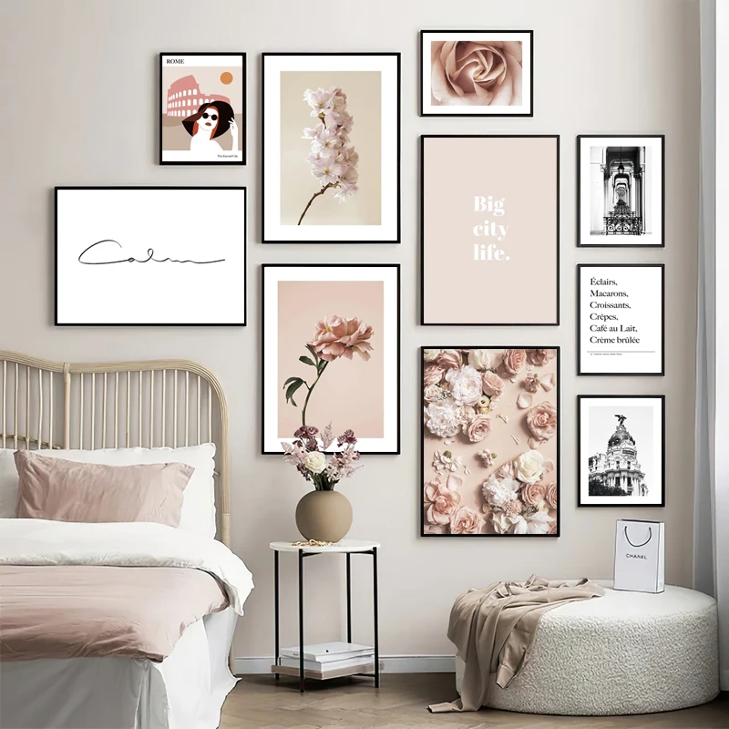 Nordic Fashion Art Flower Wall Decor Painting Modern Pink White Rose Women View Canvas Art Poster for Women Bedroom Living Room