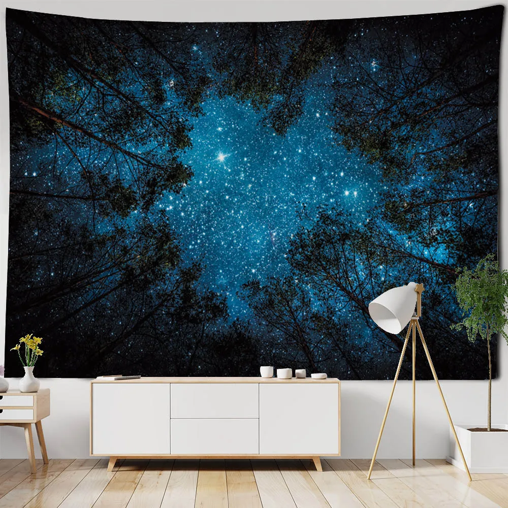 Forest starry sky tapestry wall hanging 3D printing Forest Milky Way night sky tapestry Dormitory living room bedroom decoration