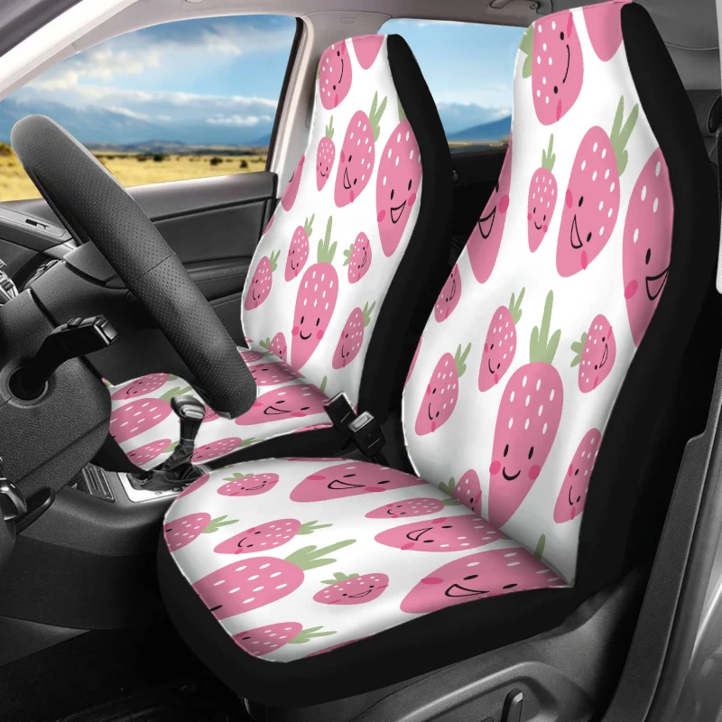 Set Of 2 Front Seat Covers For Cars, Featuring A Cute Pink Strawberry Design. These Breathable Vehicle Cushions Do Not Have Back
