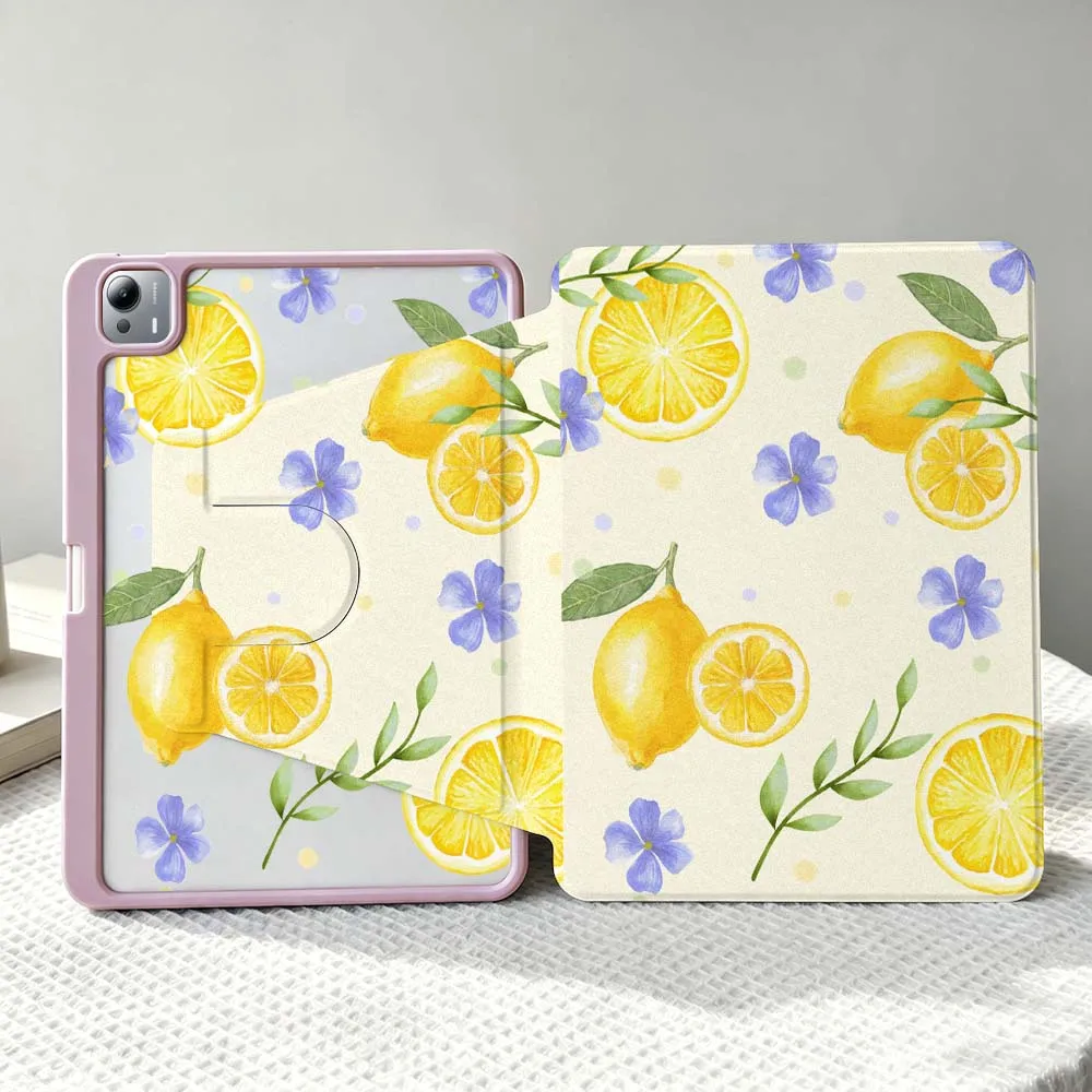 Stylish Lemon Pattern For Xiaomi Mi Redmi Poco Pad 8 7 7S 6 6S 5 SE Pro Ultra 360° Rotation Stylus Storage Tablet Case Soft