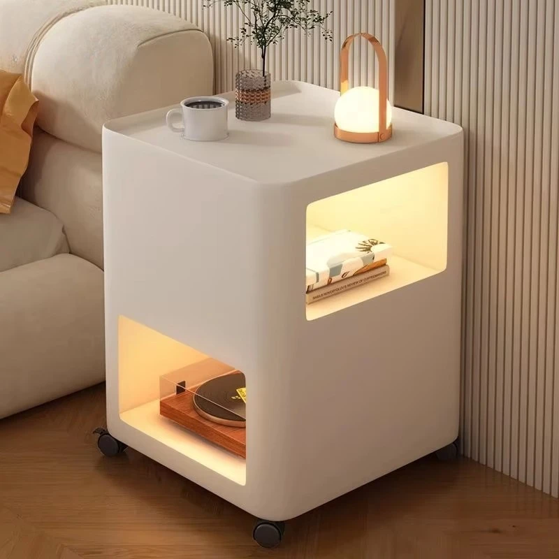 

Modern Rolling Bedside Table with Open Storage Shelves and Rounded Design for Bedroom Use