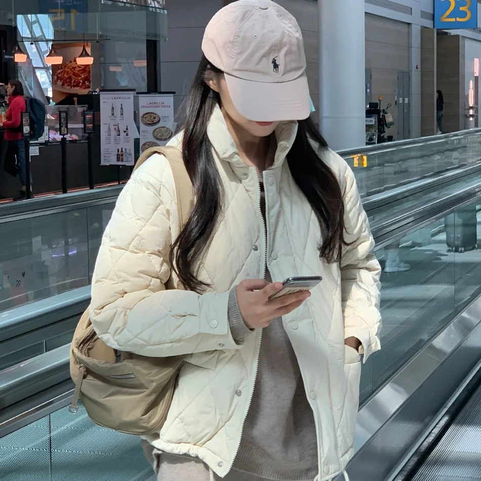 Retro Style Women's Cotton Jacket Stand Collar Diamond Pattern Pocket Warm Casual Outerwear Long Sleeve Single Button Closure