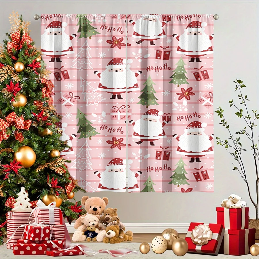 2PCS Christmas Winter Curtains, Pink Santa Claus Tree Gift HO HO HO Snow, Digital Print, Bedroom Living Room, Home Decor