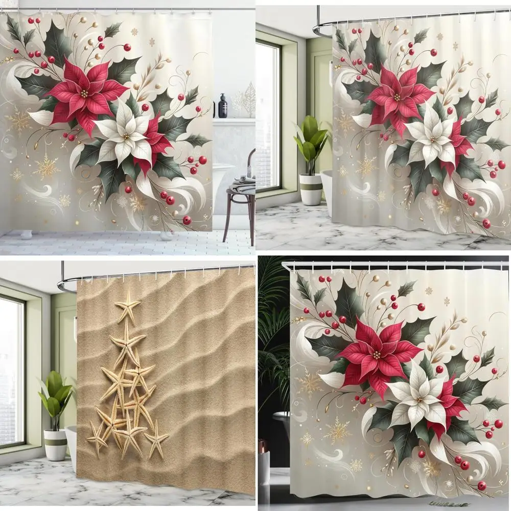 

Рождественская занавеска для душа Ambesonne, традиционное Рождество с цветами пуансеттии, украшенная и снежинками, тканевый декор для ванной комнаты