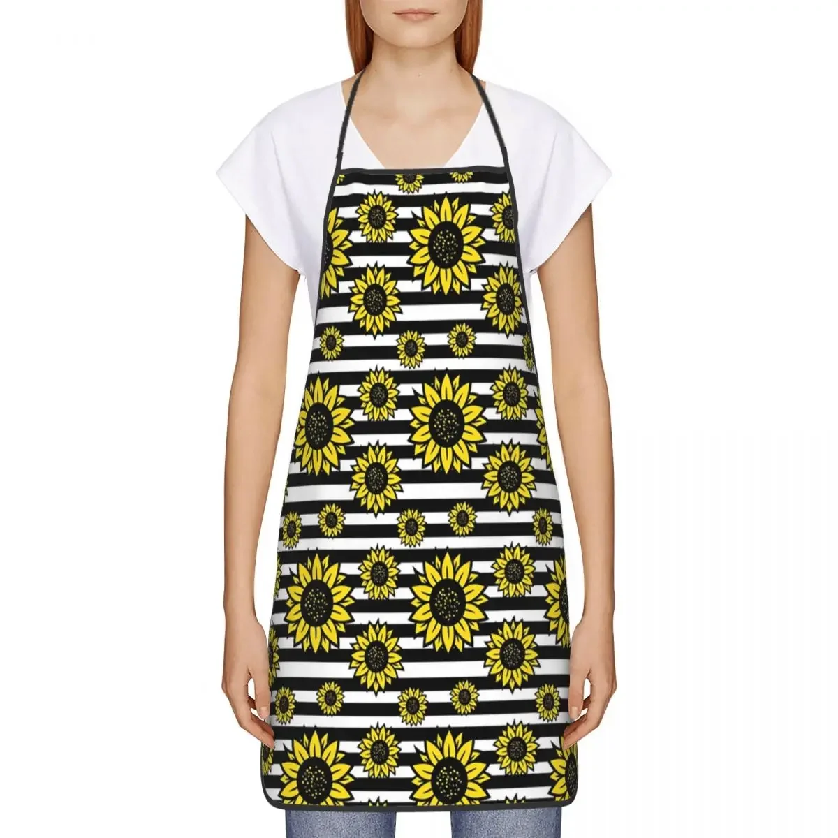 Black And White Stripes Sunflowers Design Apron Women Men Unisex Bib Flower Floral Cooking Kitchen Tablier Cuisine Chef Painting