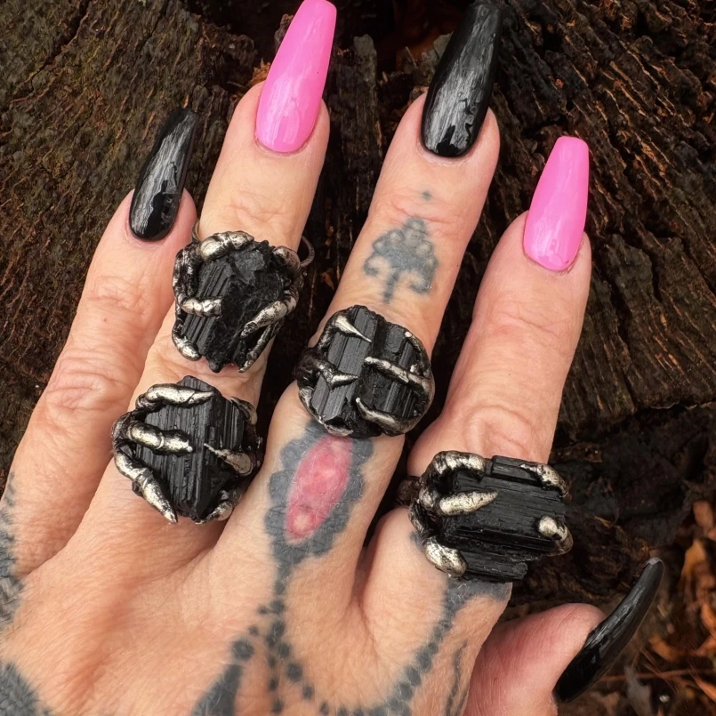 5Pcs Black Tourmaline Semi-precious Stone Soldered Ring Handmade Vintage Brutalist Y2k Bubble Claw Organic Claws Free Form