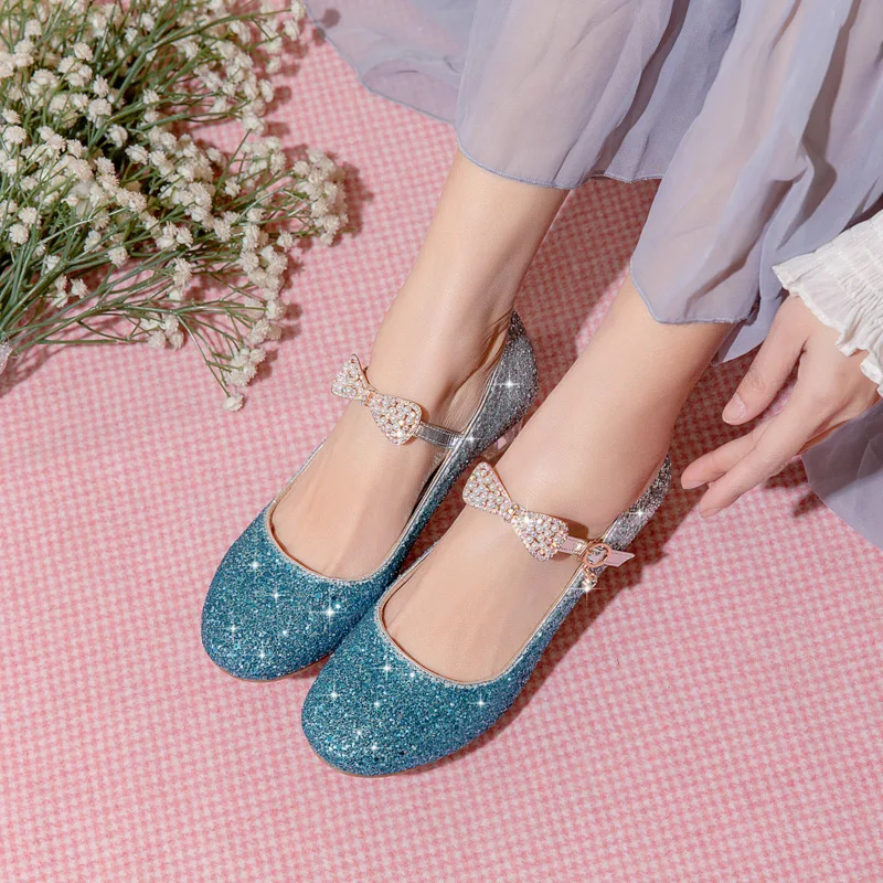 YQBTDL 2022 Summer Cinderella Pearl Bowtie Women Mary Jane Pumps Princess Ankle Strap Clear Low Heels Catwalk Show Ladies Shoes